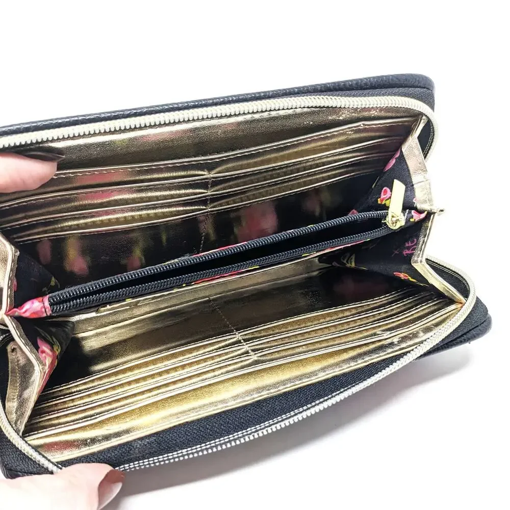 Betsey Johnson Womens Wallet Black Floral Colorful Gold Zip Around Vintage Y2K - Picture 7 of 7